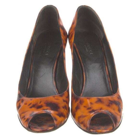 Authentic GUCCI Animal Print Patent Leather Peep Toe Wedge Heels Size 9 EUC - Picture 2 of 6